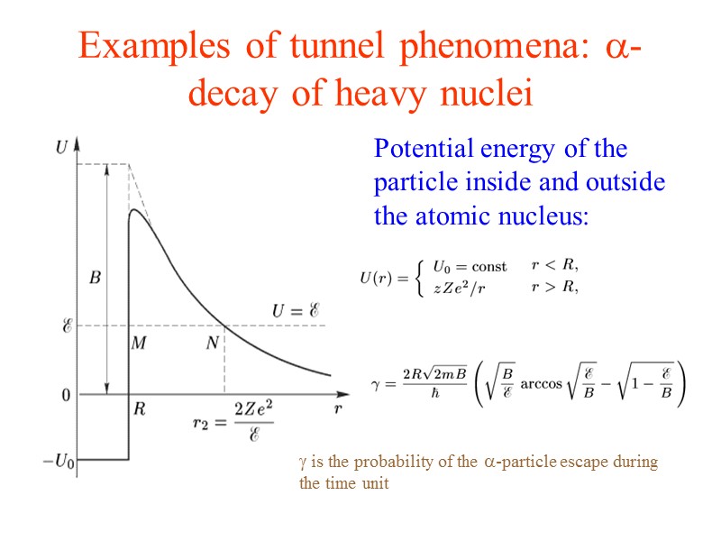 Examples of tunnel phenomena: -decay of heavy nuclei  Potential energy of the particle